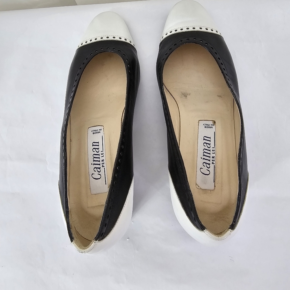 Caiman Leather Wingtip Perforated Pumps Black and White Shoes 36 - Picture 8 of 9
